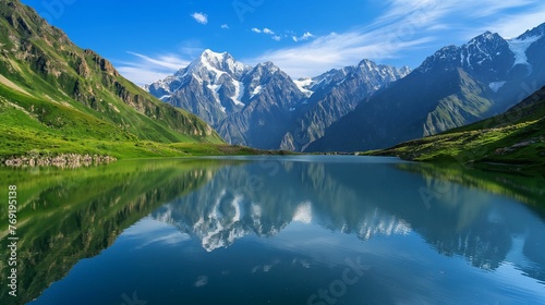 Image of a serene lake nestled amidst towering mountains. © kept