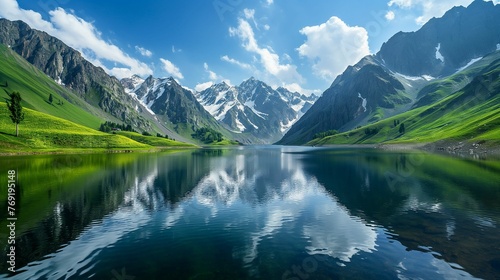 Image of a serene lake nestled amidst towering mountains.