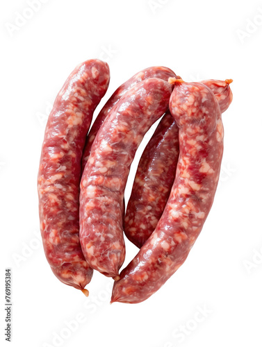 Short raw meat, pork sausages isolated on transparent background.