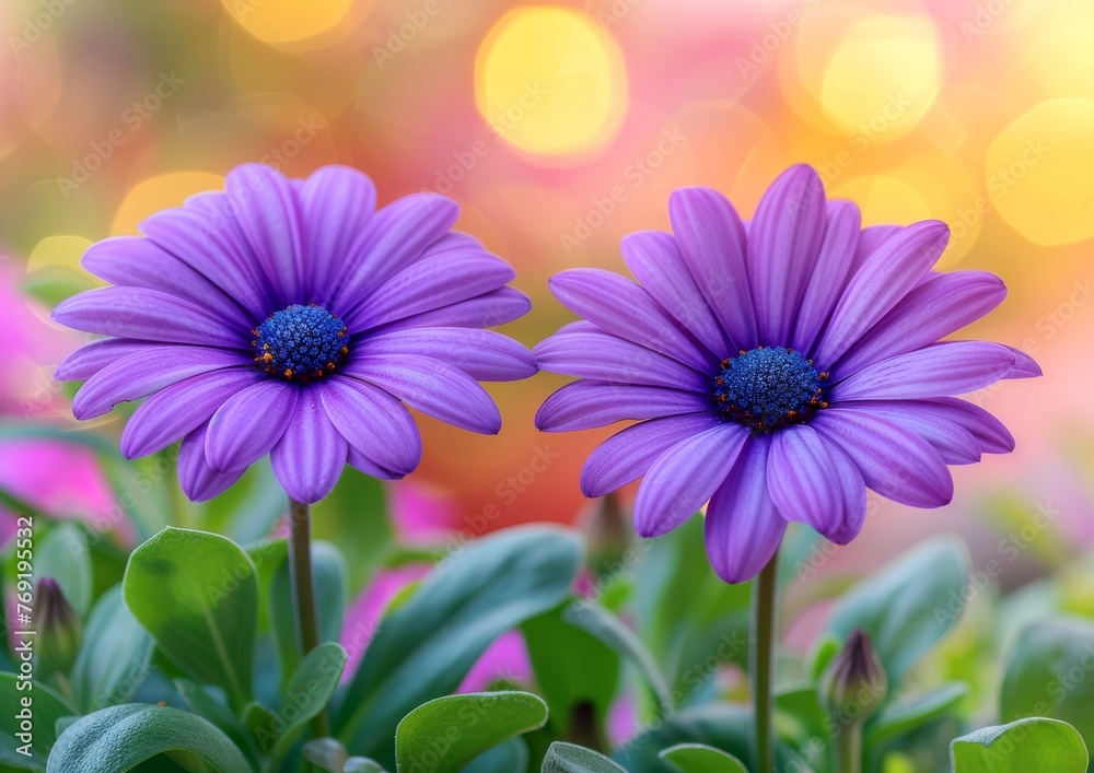 Illustration of Dreamy Purple Daisies in Soft Light, Beauty of the Natural World. Generative AI. Illustration of Dreamy Purple Daisies in Soft Light, Beauty of the Natural World. Generative AI.