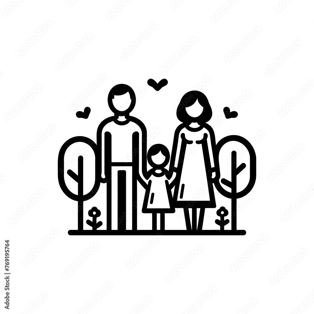 Family walk icon. parents and kid walking in park. Outdoor family activity. Mother and father with daughter. vector illustration on white background Family walk icon. parents and kid walking in park. Outdoor family activity. Mother and father with daughter. vector illustration on white background