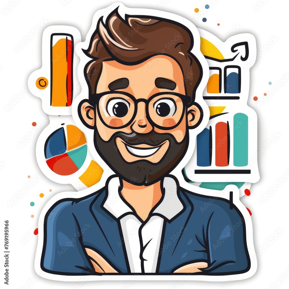 Business finance marketing cartoon sticker, isolated on white background with cut-off edges. Creative concept for financial presentations, marketing strategies, and advertising campaigns Business finance marketing cartoon sticker, isolated on white background with cut-off edges. Creative concept for financial presentations, marketing strategies, and advertising campaigns