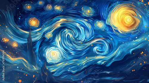 Whirling Blue and Gold Abstract Swirls Artwork