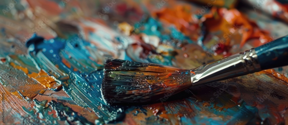 Fototapeta premium Dirty Paintbrush Close-Up in Art Studio