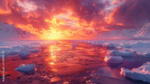 Vibrant sunset sky with ice and fire colors reflecting on water photo