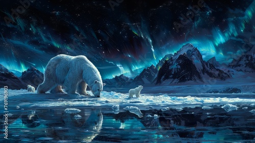 Polar bear and cub wade in icy waters under the aurora borealis © Yuchen
