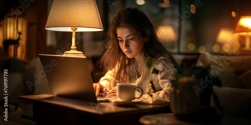 A young woman deeply focused on her work in front of a laptop at night. The soft glow of the table lamp illuminates her thoughtful expression.