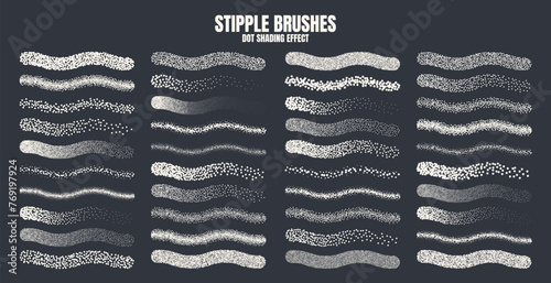 Stipple scatter brush, ink drawing and texturing. Fading gradient. Stippling, dotwork drawing, shading using dots. Halftone disintegration effect. White noise grainy texture. Vector illustration © 32 pixels