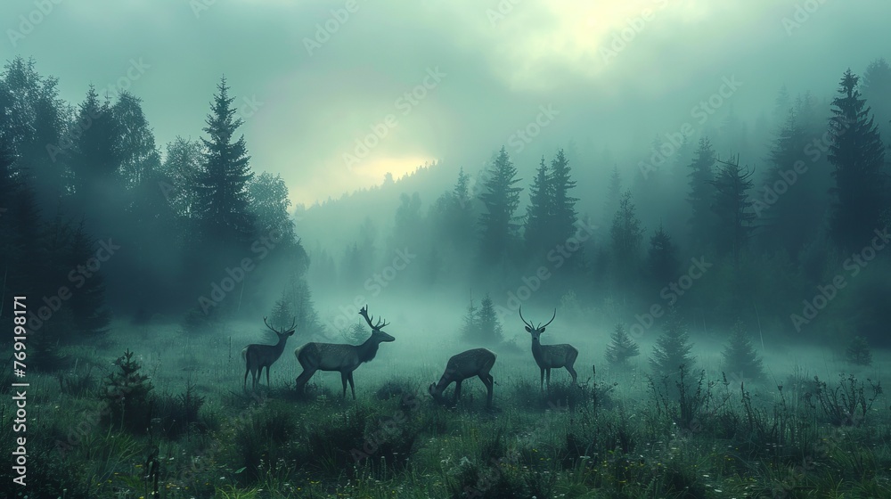 Deer herd in foggy field create a serene atmosphere - obrazy, fototapety, plakaty 