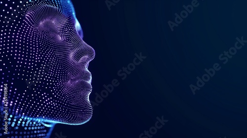 Fototapeta Naklejka Na Ścianę i Meble -  3d virtual human face formed by glowing dots waves network isolated on dark blue technology style background with copy space.