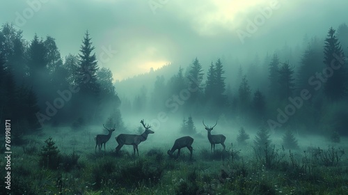 Deer herd in foggy field create a serene atmosphere