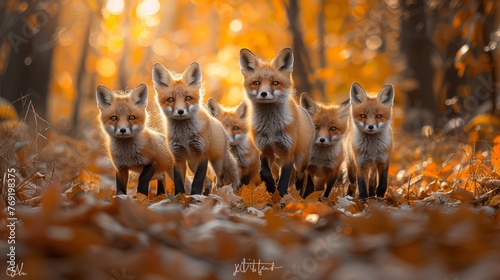 Group of carnivorous foxes in natural forest habitat, standing near a fawn