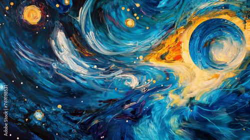 Hand-Drawn Abstract Landscape: Whirling Blue and Gold Swirls Artwork