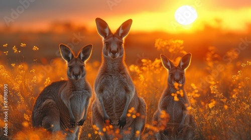 Three kangaroos in the grassland at sunset in the Ecoregion © Yuchen