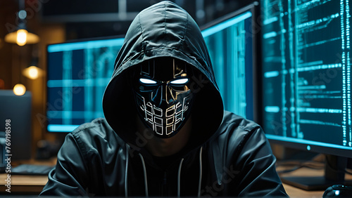 hacker man on computer, hacker in hoodie, cybercrime concept , cyber security photo