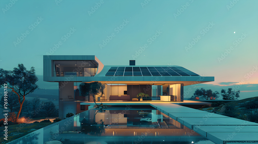 Fototapeta premium The sky is blue, a family of four, a large house with solar panels on it, with a realistic composition style, youthful energy, a serene and peaceful atmosphere, vibrant energy, smiles