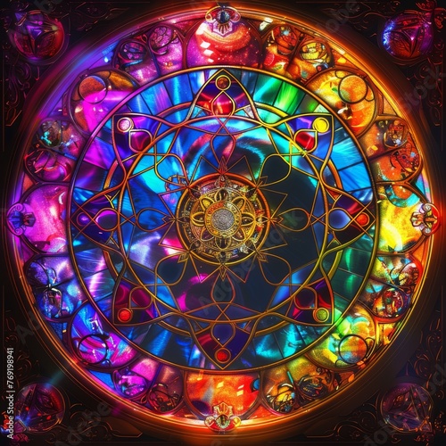 A vibrant stained glass window pattern, incorporating symbols and characters from the game, set against the light to create a luminous and colorful effect created with Generative AI Technology
