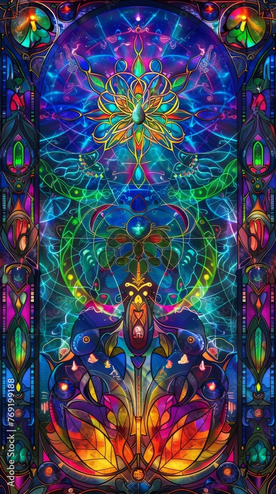A vibrant stained glass window pattern, incorporating symbols and characters from the game, set against the light to create a luminous and colorful effect created with Generative AI Technology