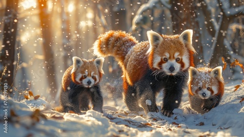 Three red pandas roam snowy woods, carnivores in a natural landscape
