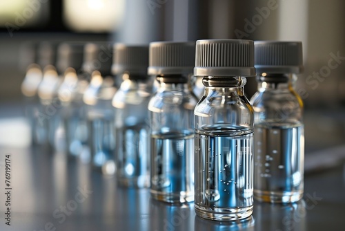 A row of small glass bottles filled with electric blue liquid solvent are neatly lined up on a table, creating a striking display of drinkware
