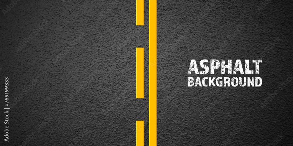 Asphalt road with yellow lane marking, concrete highway surface, texture. Street traffic line, road dividing strip. Pattern with grainy structure, grunge stone background. Vector illustration