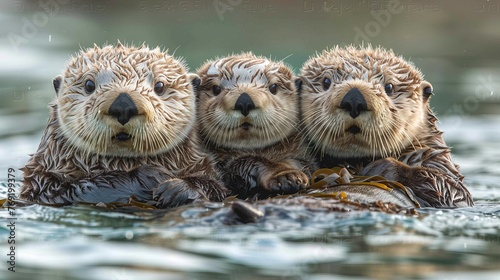 Three sea otters frolicking in fluid habitat with whiskers and fur