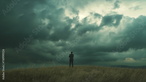 Image of lone figure under a sky heavy with dark clouds. © kept