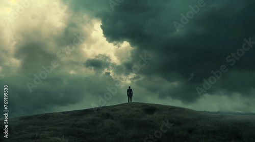 Image of lone figure under a sky heavy with dark clouds. photo