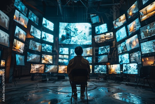 Digital entrapment: man ensnared by screens filled with media photo