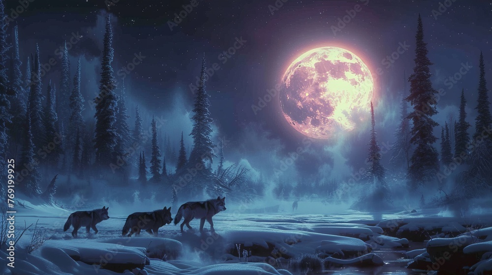 Three wolves stroll through snowy landscape under full moon - obrazy, fototapety, plakaty 