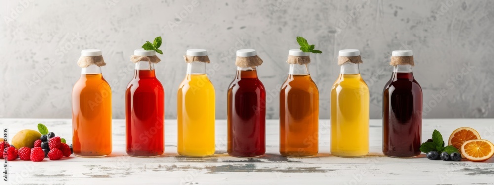Bottled kombucha tea. Set of glass bottles with filtered kombucha drinks made of yeast, sugar and tea with addition of fruits and berries for different tastes. Fermented tea or tea kvass banner - obrazy, fototapety, plakaty 