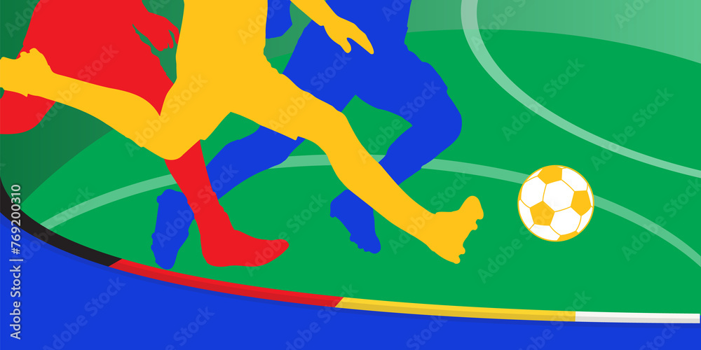Abstract Soccer European competition international background with sports soccer players stadium camp goal soccer ball elements stripes championship flag 2024 Summer vacation Football banner art