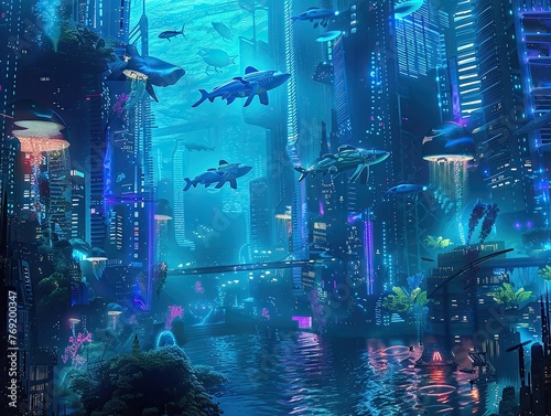 Aquatic Metropolis with Sharks © Graphisiam