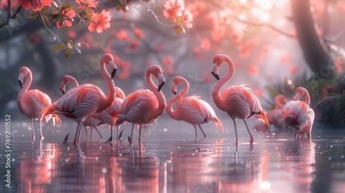 A flock of Greater flamingos wading in the water of their natural ecoregion