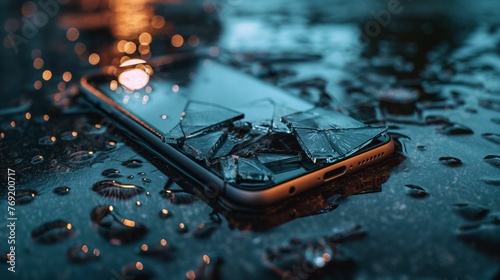 Image of shattered smartphone lying on a wet surface.