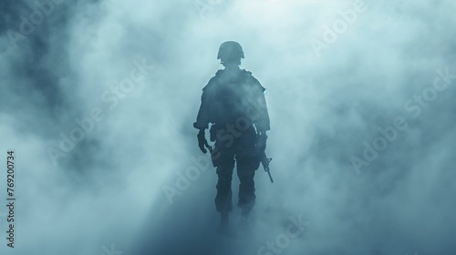 Image of soldier clad in full combat gear, enveloped by the thick mist of fog.