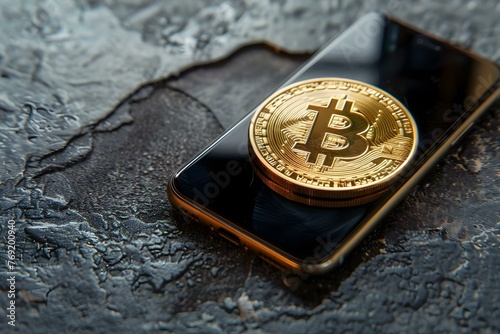 bitcoin against the backdrop of a Smartphone . Concept Cryptocurrency, Technology, Digital Finance, Investment, Online Transactions