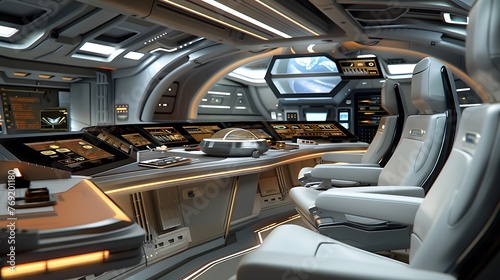 Illustrate the intricate details of the command center's technological marvels, emphasizing the fusion of form and function in the starship's design for interstellar exploration
