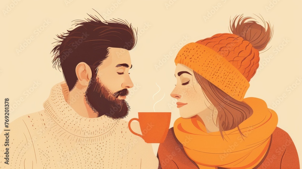 Fototapeta premium A minimalist illustration of a couple in cozy morning wear sharing a cup of coffee