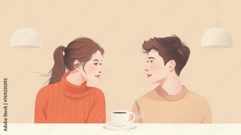 A minimalist illustration of a couple in cozy morning wear sharing a cup of coffee A minimalist illustration of a couple in cozy morning wear sharing a cup of coffee