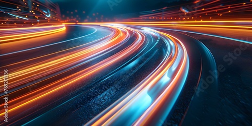 Speed and technology advancement represented by futuristic blue and orange light streaks on a digital race track background. Concept Technology Advancement  Futuristic Design  Speed and Innovation