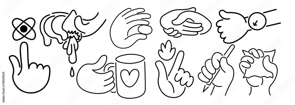 set of isolated linear icons hands gestures in doodle style in vector. icon template for app logo sticker poster print design