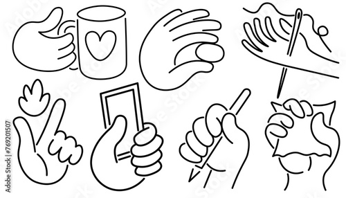 set of isolated linear icons hands gestures in doodle style in vector. icon template for app logo sticker poster print design