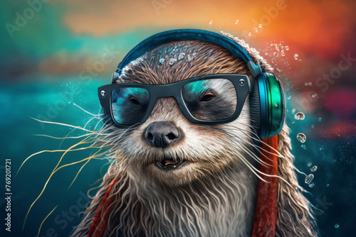Otter with headphones and sunglasses at rave party, neon color splash background for trendy appeal.