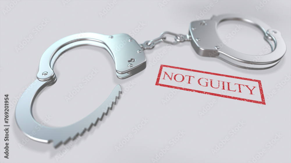 Not Guilty Word and Handcuffs 3D Illustration Not Guilty Word and Handcuffs 3D Illustration
