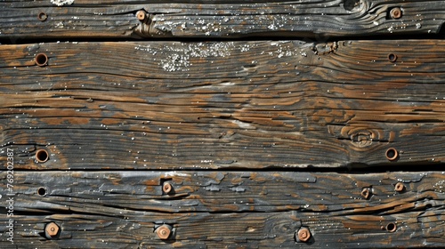 A weathered wooden plank texture from the deck of a pirate ship, with old nail holes and sea salt stains, embodying the rugged life at sea created with Generative AI Technology