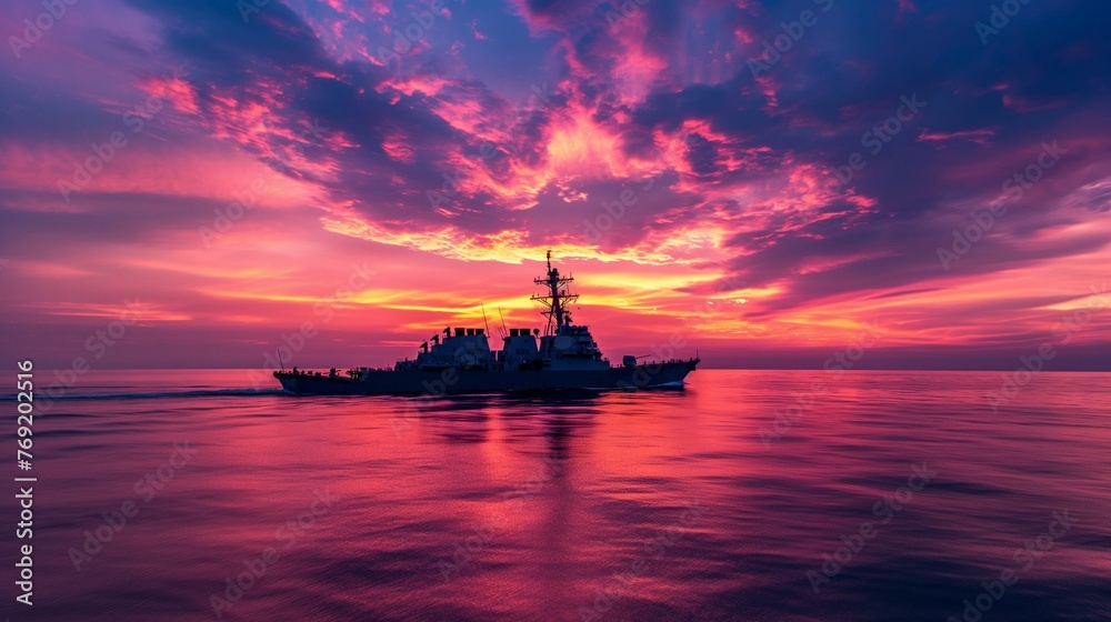 Image of warship sailing through the vast ocean at sunset.