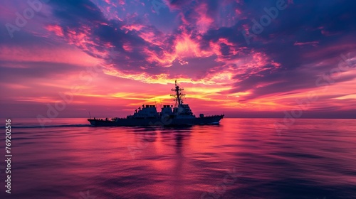 Image of warship sailing through the vast ocean at sunset.
