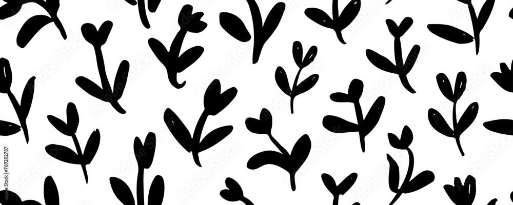 Vector seamless pattern with blooming spring tulip. Black flowers with leaves on stems hand drawn painted by brush in the style doodle. Botanical ink ornament, trendy floral design Vector seamless pattern with blooming spring tulip. Black flowers with leaves on stems hand drawn painted by brush in the style doodle. Botanical ink ornament, trendy floral design