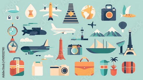 A flat design icon set for travel showcases various symbols associated with travel and exploration, simplifying the concept into easily recognizable elements photo